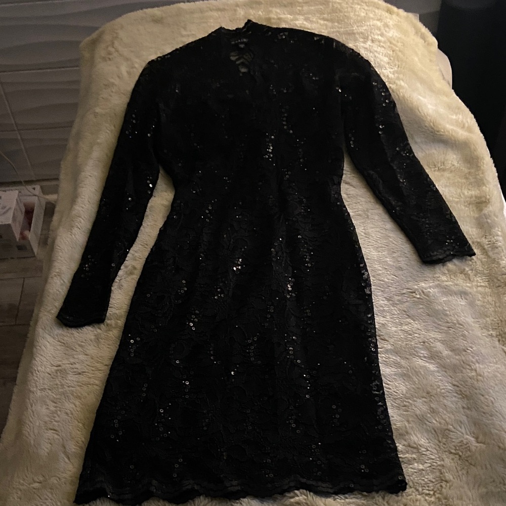 MARINA Black Sequin Long Sleeve Dress